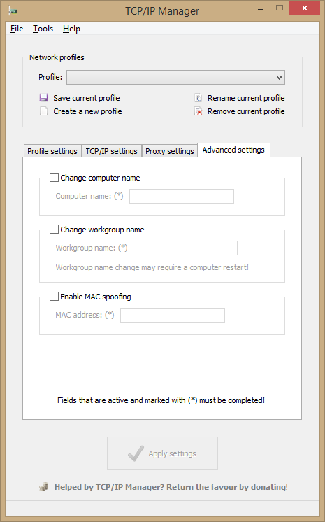 Main window - Advanced settings tab
