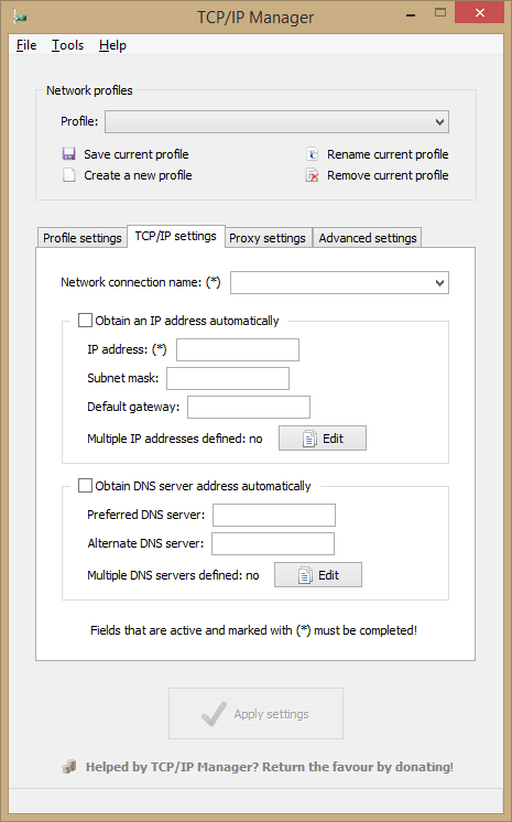 Main window - TCP/IP settings tab